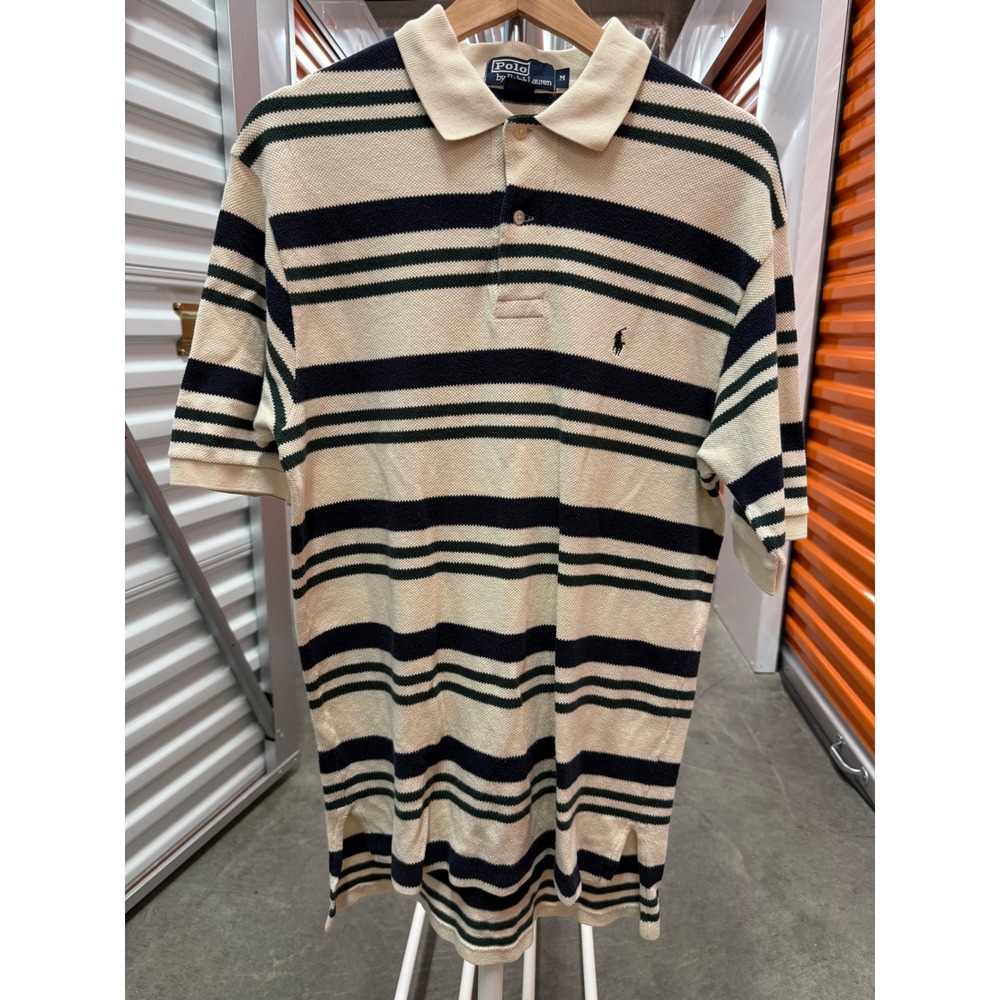 Polo Ralph Lauren Mens Medium Striped Pique Polo Shirt Cream Navy Blue‎ Cotton